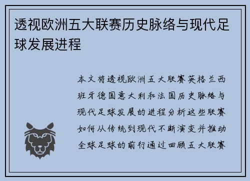 透视欧洲五大联赛历史脉络与现代足球发展进程